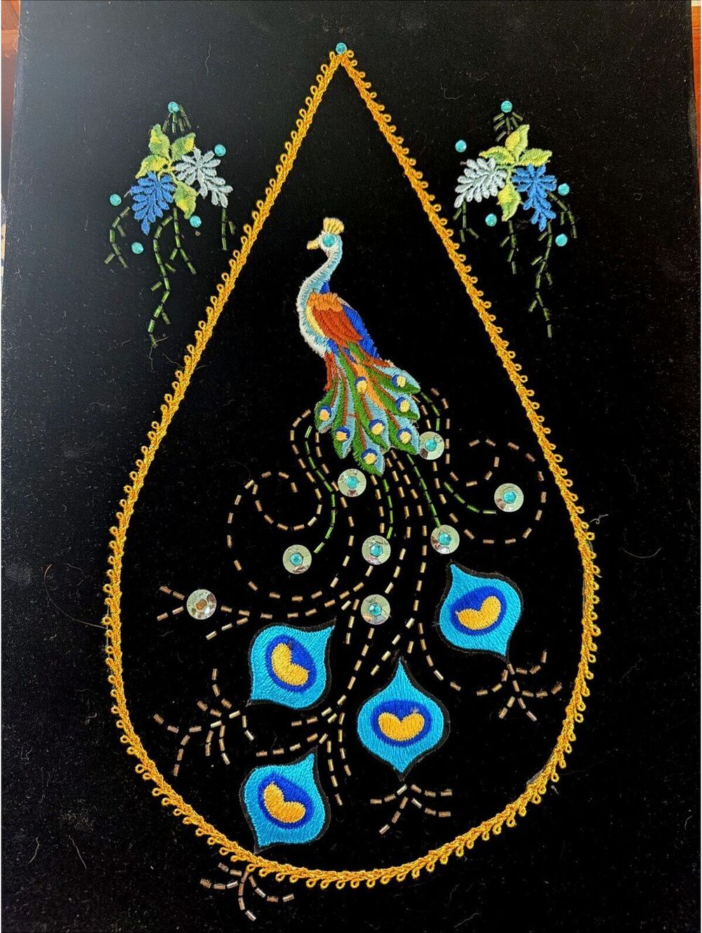 Vtg 1970s Mid Century Embroidered Sequin Peacock Black Velvet Wall Art Unframed